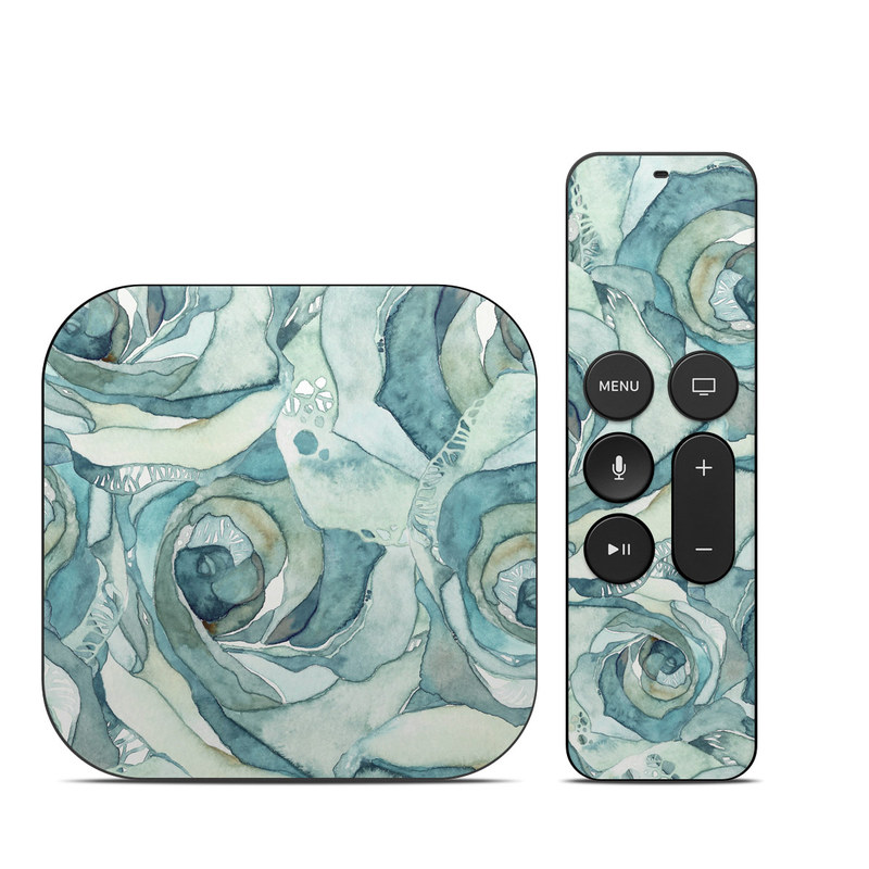 Apple TV HD, 4K 1st Gen Skin design of Rose, Garden roses, Blue, Flower, Rose family, Watercolor paint, Plant, Pattern, Rosa × centifolia, Blue rose, with blue, green colors