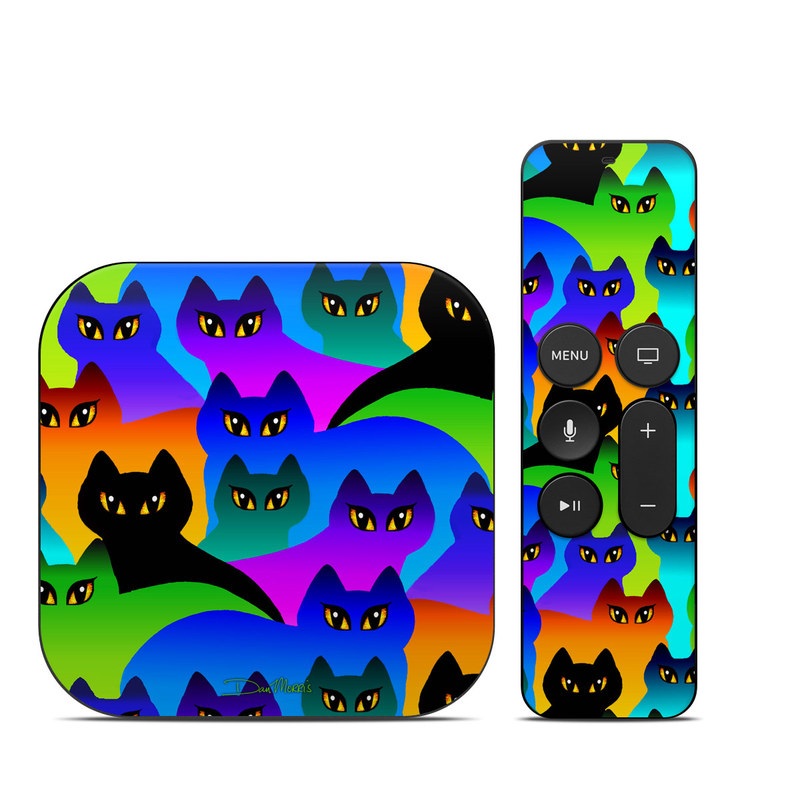 Apple TV HD, 4K 1st Gen Skin design of Black cat, Purple, Cat, Small to medium-sized cats, Pattern, Design, Felidae, Illustration, Art, with black, blue, green, purple colors