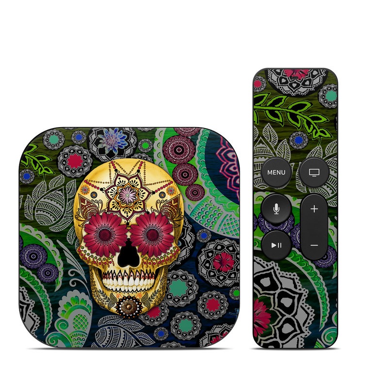Apple TV HD, 4K 1st Gen Skin design of Skull, Bone, Pattern, Psychedelic art, Visual arts, Design, Illustration, Art, Textile, Plant, with black, red, gray, green, blue colors