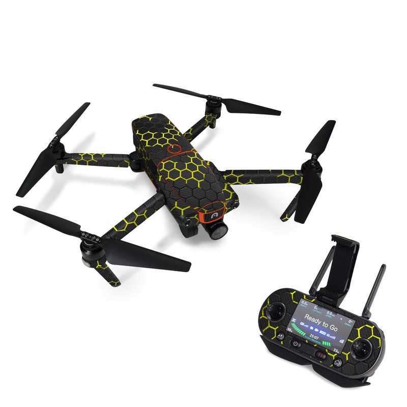 Autel EVO Skin design of Black, Pattern, Yellow, Mesh, Net, Chain-link fencing, Design, Metal, with black, gray, yellow colors