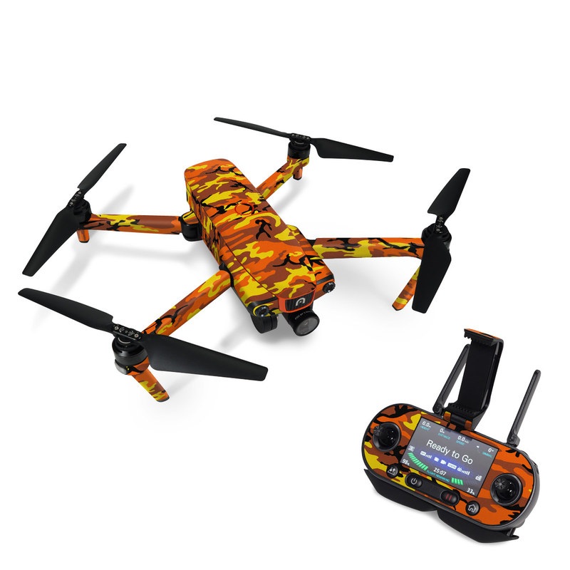 Autel EVO Skin design of Military camouflage, Orange, Pattern, Camouflage, Yellow, Brown, Uniform, Design, Tree, Wildlife, with red, green, black colors