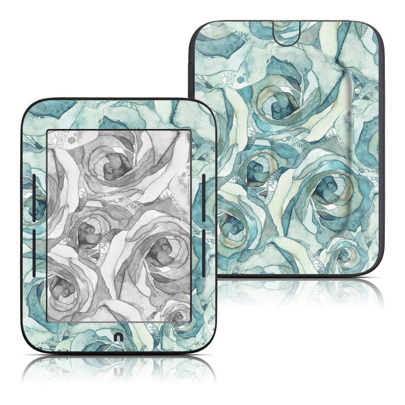 Barnes & Noble NOOK Simple Touch Skin design of Rose, Garden roses, Blue, Flower, Rose family, Watercolor paint, Plant, Pattern, Rosa × centifolia, Blue rose, with blue, green colors