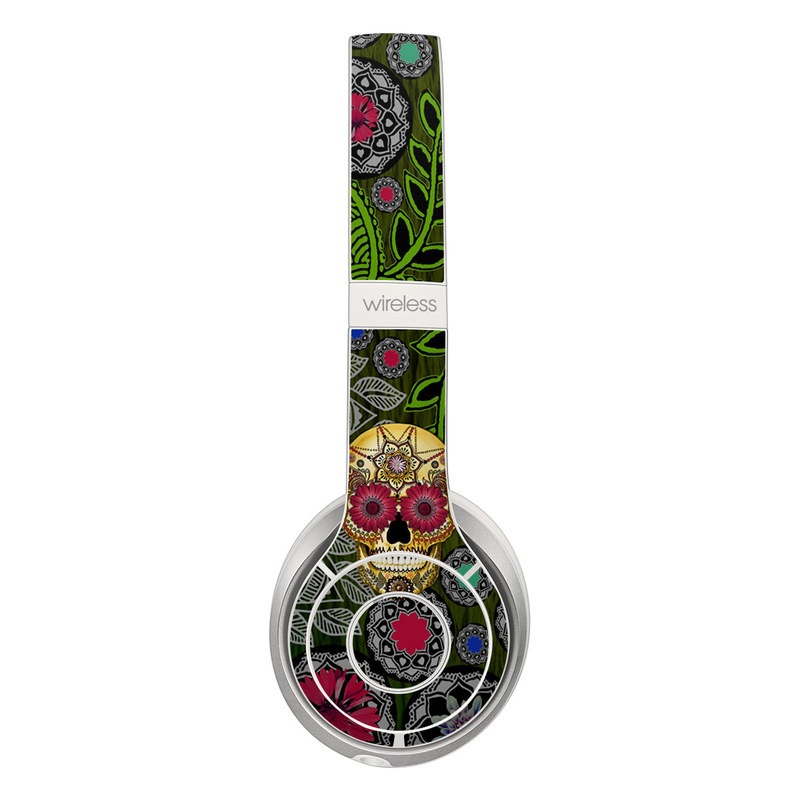 Beats Solo 2 Wireless Skin design of Skull, Bone, Pattern, Psychedelic art, Visual arts, Design, Illustration, Art, Textile, Plant with black, red, gray, green, blue colors
