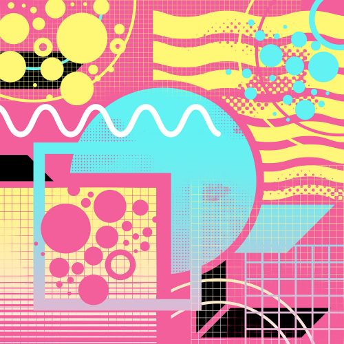 Design of Textile, Organism, Font, Art, Pink, Rectangle, Line, Aqua, Magenta, Circle, with pink, yellow, blue, black, white colors