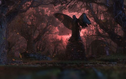 Old PS2 Skin design of Nature, Sky, Atmospheric phenomenon, Tree, Atmosphere, Darkness, Night, Screenshot, Cg artwork, Fictional character, with black, red colors
