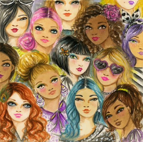 Design of Face, Hair, Head, Art, Hair coloring, Cheek, Illustration, Human, Watercolor paint, Brown hair, with white, black, brown, yellow, purple, blue, pink colors