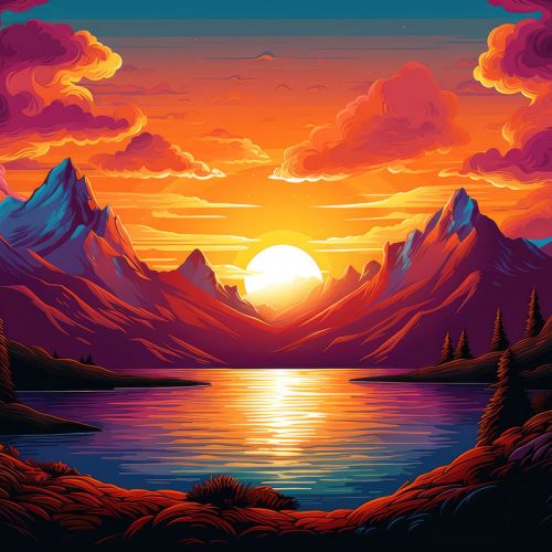 Design of Water, Cloud, Sky, Ecoregion, Afterglow, Light, World, Nature, Natural landscape, Mountain, with red, orange, yellow, blue, purple colors