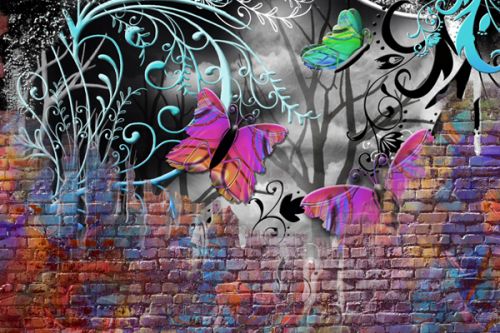 Design of Purple, Graphic design, Art, Pattern, Graffiti, Organism, Street art, Wall, Font, Illustration with red, black, gray, purple, orange, blue, green colors