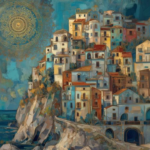 Design of Blue, Visual arts, Paint, Painting, Art Paint, Watercolor painting, Village, Modern art, Mural, Acrylic paint, with blue, yellow, white, gray, red, blue, pink, green colors