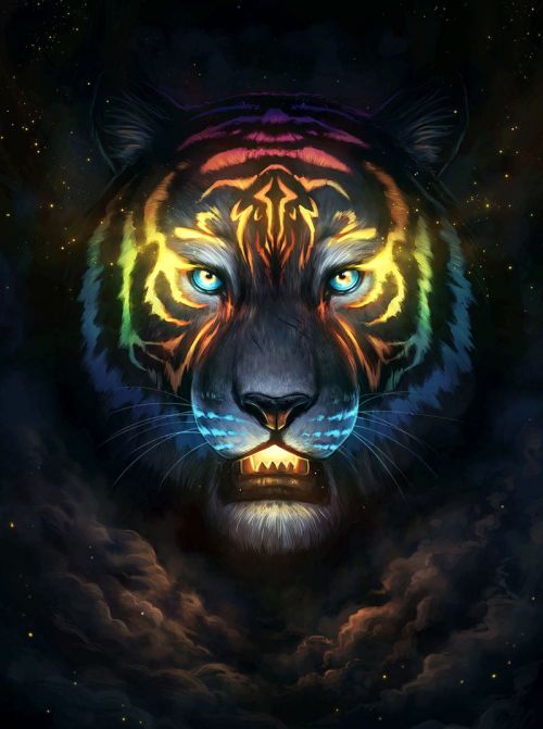 Design of Felidae, Vertebrate, Carnivore, Organism, Painting, Roar, Bengal tiger, Big cats, Art, Whiskers, with black, yellow, orange, red, green, purple, blue colors