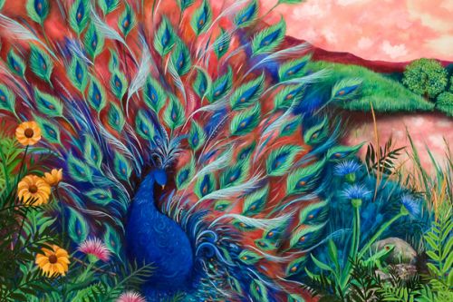 3DR Solo Skin design of Painting, Acrylic paint, Bird, Child art, Art, Galliformes, Peafowl, Visual arts, Watercolor paint, Plant, with black, red, gray, blue, green colors