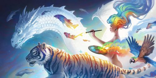 Design of Siberian tiger, Bengal tiger, Vertebrate, Tiger, Felidae, Mammal, Water, Carnivore, Art, Painting, with blue, red, yellow, orange, green, purple, black, white colors