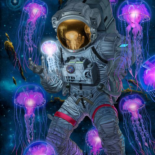 Design of Light, Blue, Purple, World, Astronaut, Art, Astronomical object, Space, Cg artwork, Electric blue, with black, blue, gray, white, purple, yellow, red, brown colors