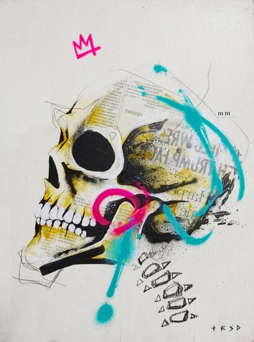 Design of Graphic design, Skull, Illustration, Art, Bone, Drawing, Visual arts, Font, Modern art, Street art, with blue, pink, yellow, black colors