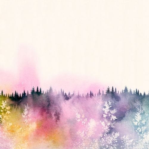 Design of Watercolor paint, Sky, Atmospheric phenomenon, Tree, Atmosphere, Cloud, Landscape, Forest, Painting, Illustration with white, yellow, pink, purple, blue, black colors