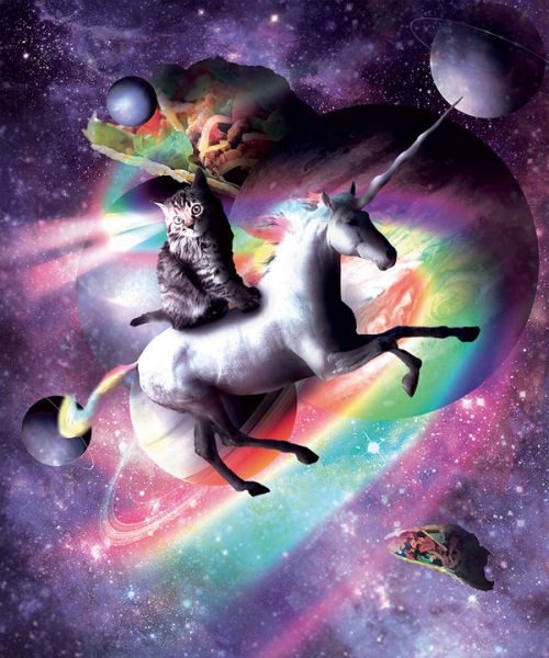 Design of Illustration, Graphic design, Fictional character, Space, Sky, Astronomical object, Universe, Outer space, Art, Unicorn with black, white, gray, red, yellow, green, blue, orange colors