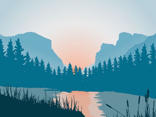 Design of Sky, Atmosphere, Mountain, Ecoregion, Plant, Natural landscape, Larch, Highland, Fog, Atmospheric phenomenon, with blue, yellow, orange, green colors