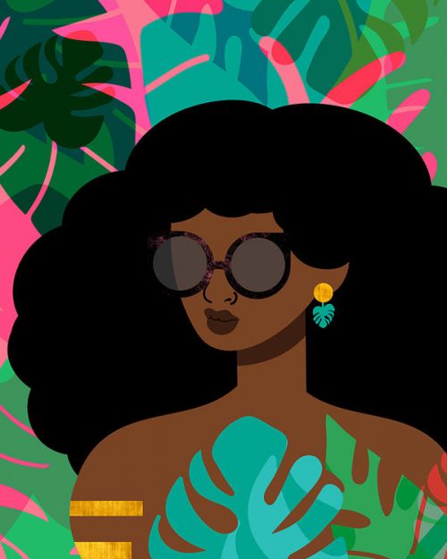 Design of Illustration, Afro, Art, Eyewear, Glasses, Graphic design, Visual arts, Graphics, Fictional character with brown, black, green, pink, blue, yellow colors