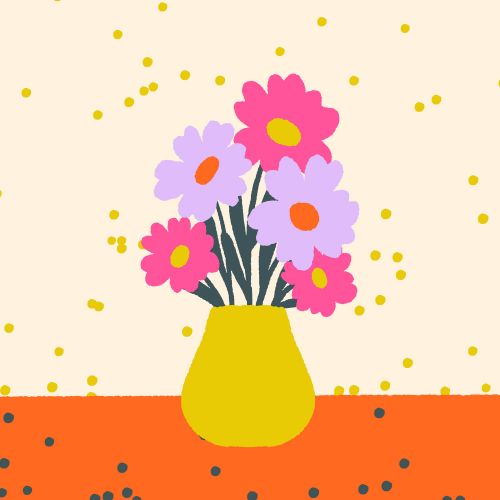 Design of Flower, Plant, Vase, Flowerpot, Petal, Happy, People in nature, Liquid, Font, Art, with white, orange, pink, purple, yellow colors