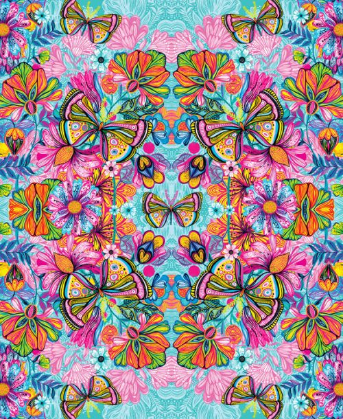 Design of Pattern, Design, Textile, Psychedelic art, Visual arts, Symmetry, Art, Motif, with blue, pink, green, yellow, orange, purple colors