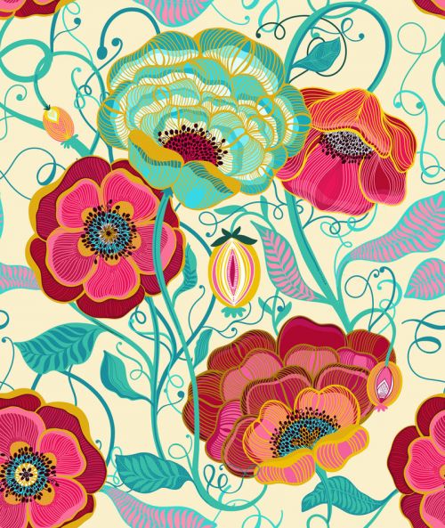 Design of Plant, Botany, Textile, Pink, Creative arts, Petal, Magenta, Art, Pattern, Rectangle, with white, red, pink, yellow, green, blue, black colors