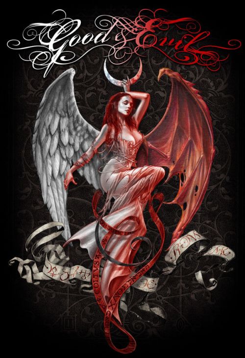 Design of Illustration, Fictional character, Graphic design, Supernatural creature, Demon, Cg artwork, Art, Mythology, Angel, Wing, with black, white, red colors