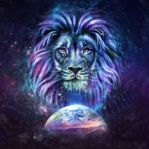 Design of Lion, Felidae, Purple, Wildlife, Big cats, Illustration, Darkness, Space, Painting, Art with purple, blue, green, black, white, red colors