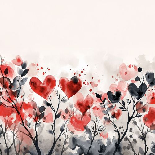 Design of Flower, Plant, Petal, Sky, Natural landscape, Twig, Tree, Art, Painting, Flowering plant, with white, black, gray, red, pink colors