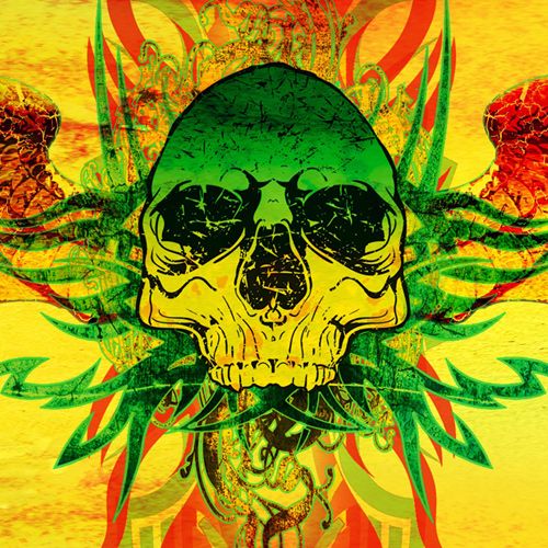 Design of Psychedelic art, Skull, Illustration, Bone, Art, Graphic design, Visual arts, Poster, Plant, Painting, with green, orange, black, red colors