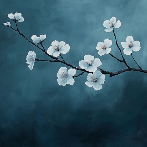 Design of Flower, Nature, Petal, Branch, Twig, Sky, Flowering plant, Cloud, Blossom, Tree, with black, blue, white, gray colors
