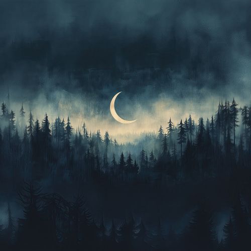 Design of Cloud, Sky, Atmosphere, Moon, Ecoregion, Crescent, Natural landscape, Tree, Plant, Dusk, with black, blue, white, gray colors
