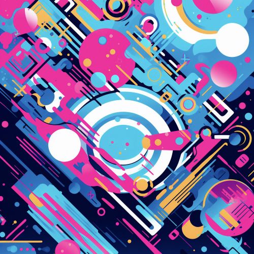 Design of Colorfulness, Font, Line, Material property, Art, Magenta, Pattern, Electric blue, Circle, Graphics, with blue, pink, black, white, orange colors