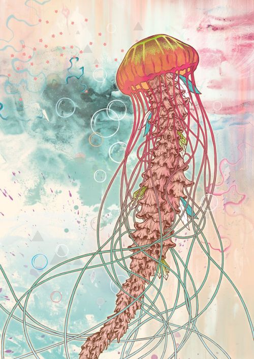 DJI Smart Controller Skin design of Jellyfish, Illustration, Water, Cnidaria, Marine invertebrates, Organism, Portuguese man o' war, Art, Nepenthes, Invertebrate with gray, pink, yellow, red, green colors