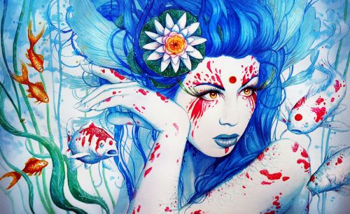 Design of Hairstyle, Paint, Art paint, Blue, Painting, Eyelash, Art, Artist, Electric blue, Illustration, with white, blue, red, yellow, green, orange colors