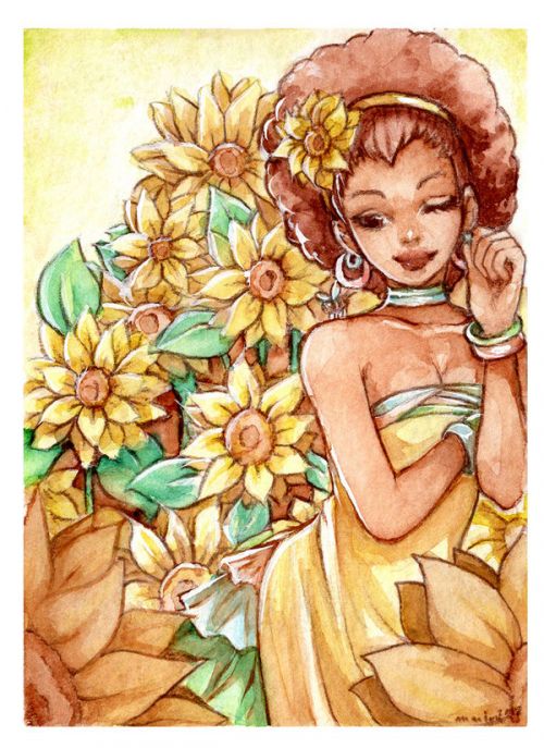 Design of Painting, Illustration, Art, Fictional character, Plant, Flower, Clip art, with yellow, orange, brown, green colors