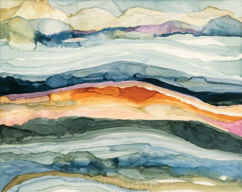 Design of Watercolor paint, Painting, Sky, Wave, Geology, Landscape, Pattern, Acrylic paint, Cloud, Paint, with blue, purple, orange, yellow, red, green, brown colors