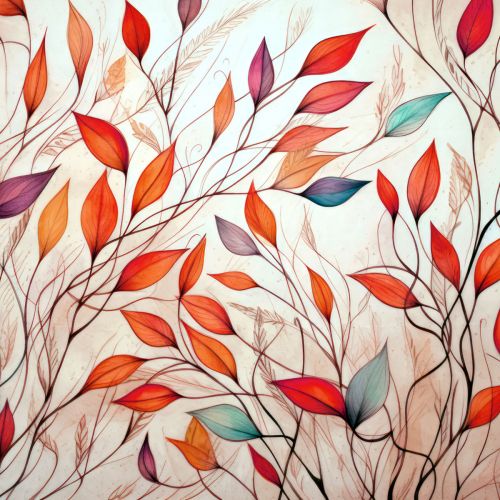 Design of Plant, Vertebrate, Art paint, Nature, Botany, Leaf, Branch, Twig, Textile, Orange, with yellow, orange, red, white, brown, blue colors