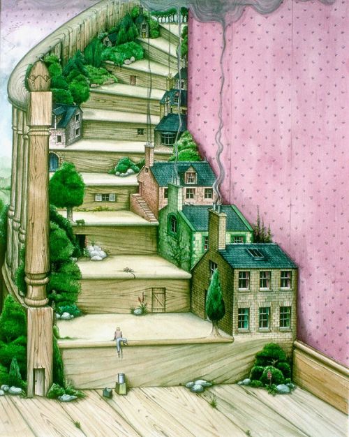 Design of Green, Stairs, House, Watercolor paint, Home, Illustration, Building, Wood, Plant, Sketch, with pink, green, brown colors