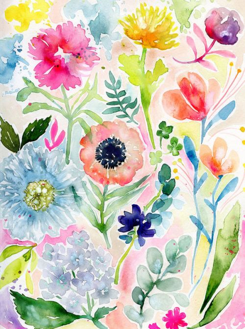 Design of Flower, Watercolor paint, Plant, Flowering plant, Pattern, Floral design, Botany, Petal, Wildflower, Design with green, pink, yellow, orange, blue, red, purple colors