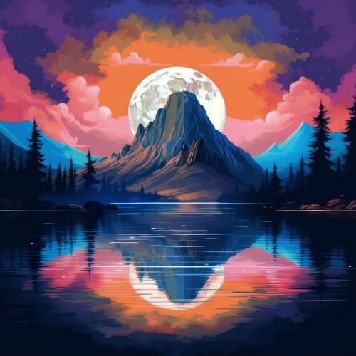 Design of Water, Sky, Cloud, Daytime, World, Mountain, Natural Landscape, Azure, Paint, Plant, Tree, with black, blue, red, yellow, orange, pink, purple colors