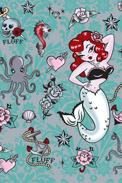 PSP go Skin design of Mermaid, Illustration, Fictional character, Organism, Art, Pattern, Style, with gray, blue, black, red, white, pink colors