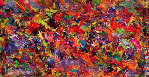 Design of Colorfulness, Modern art, Acrylic paint, Painting, Visual arts, Art, Psychedelic art, Textile, Pattern, Paint, with red, yellow, green, orange, yellow colors