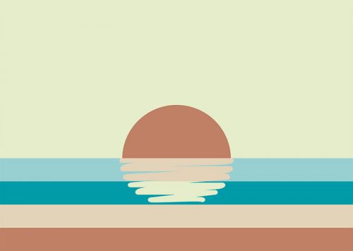 Design of Head, Water, Font, Electric blue, Horizon, Circle, Art, Sitting, Leisure, Graphics, with blue, yellow, brown, orange colors