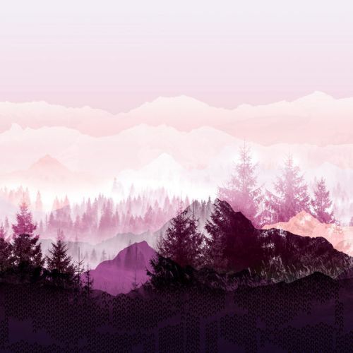 Design of Sky, Purple, Atmospheric phenomenon, Pink, Natural landscape, Violet, Mountain, Tree, Morning, Mountain range, with white, purple, black, pink colors