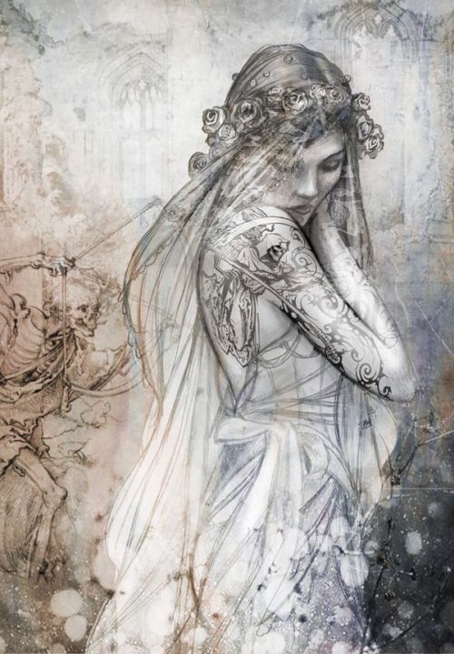 SanDisk Sansa Fuze Original Skin design of Lady, Art, Illustration, Drawing, Painting, Sketch, Mythology, Figure drawing, Long hair, Visual arts, with white, gray, black colors