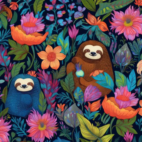 Design of Flower, Plant, Vertebrate, Botany, Textile, Petal, Mammal, Painting, Creative arts, Grass, with black, brown, blue, white, orange, yellow, red, pink, green colors