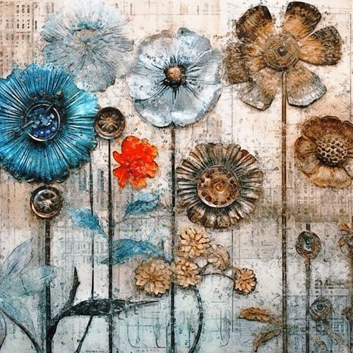 Design of Plant, Blue, Petal, Textile, Paint, Flower, Art, Creative arts, Pattern, Rectangle, with white, brown, black, yellow, blue, red, gray colors