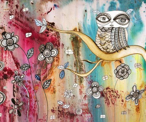 Nintendo DSi XL Skin design of Owl, Pink, Illustration, Art, Visual arts, Watercolor paint, Organism, Modern art, Graphic design, Pattern, with gray, red, green, black, blue, purple colors