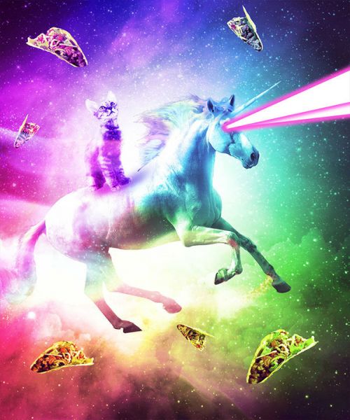 Design of Fictional character, Illustration, Unicorn, Graphic design, Sky, Space, Mythical creature, Cg artwork, Art, Mythology, with black, white, blue, green, purple, pink, red colors