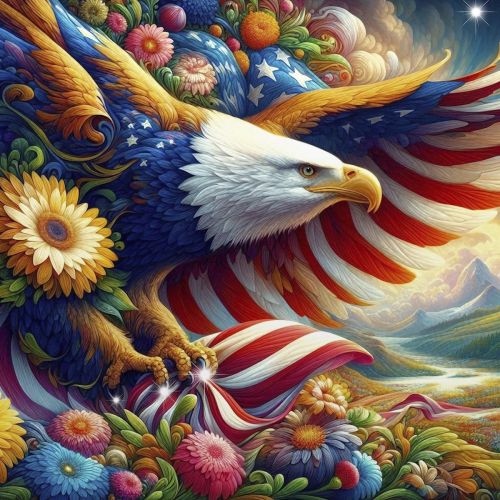 Design of Bird, Accipitridae, Beak, Wing, Bald eagle, Bird of prey, Eagle, Flag of the United States, Accipitriformes, Painting, with red, blue, white, yellow, orange, brown, green, gray colors